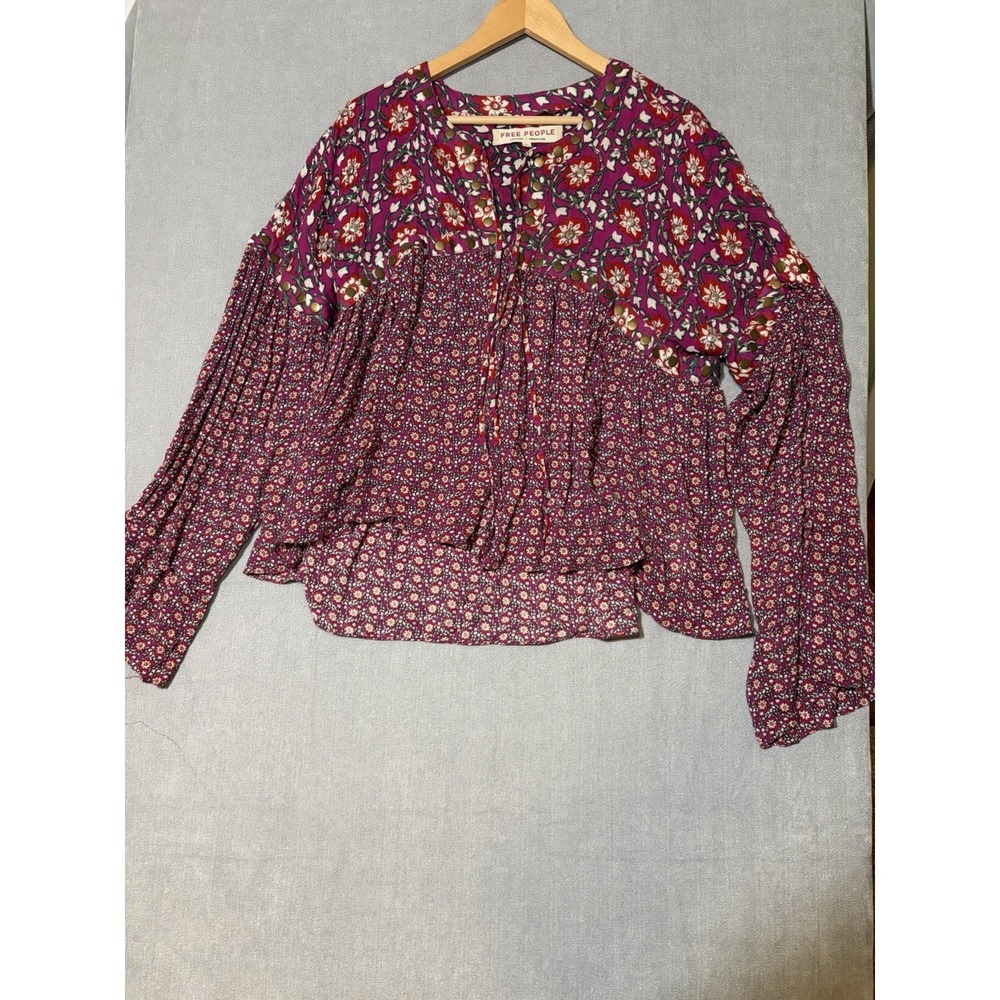 FREE PEOPLE Women Multicolor Long Flare Sleeve Boho Peasant Style Blouse Sz L - Picture 15 of 15